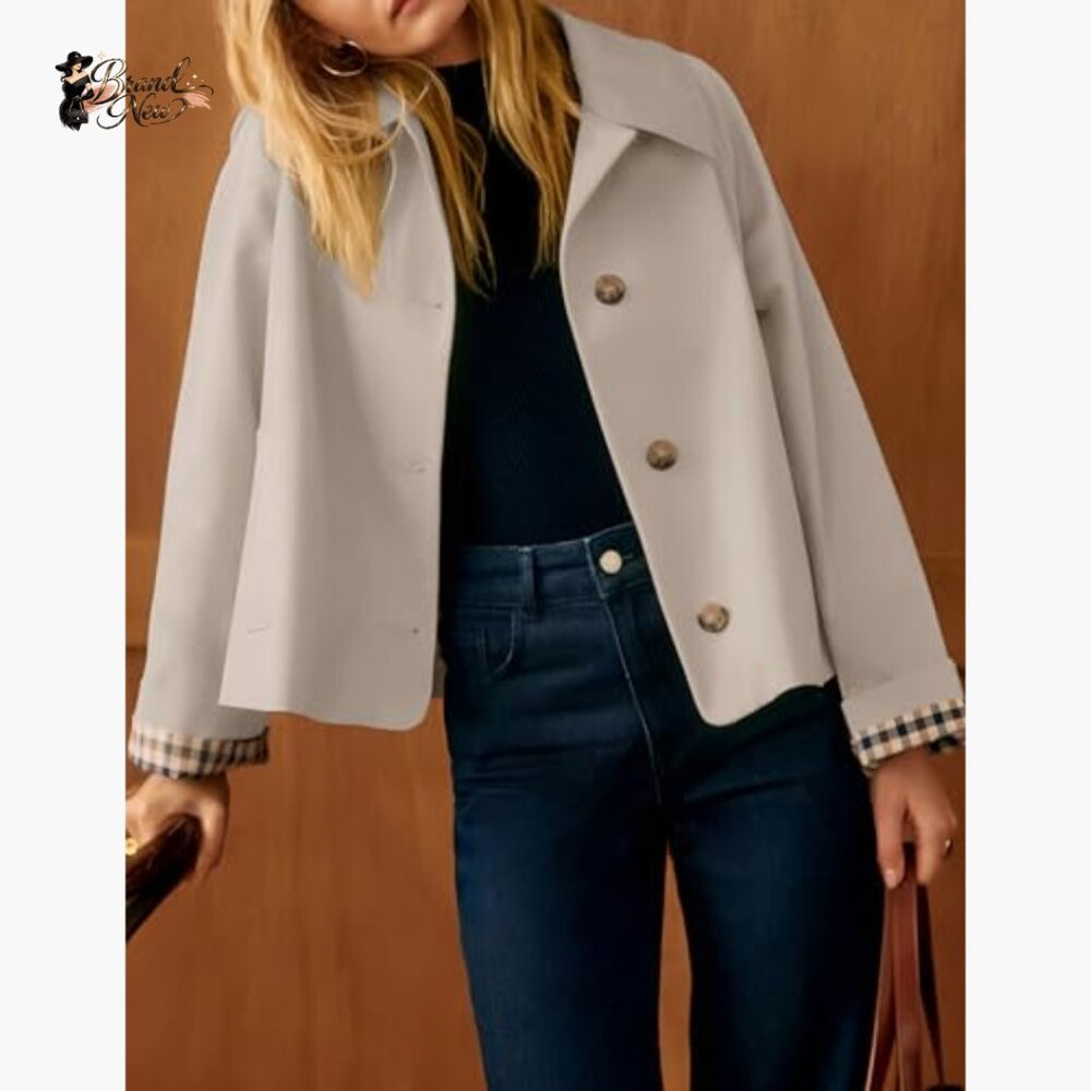 Lightweight Polyester Trench Jacket With Plaid Li… - image 2